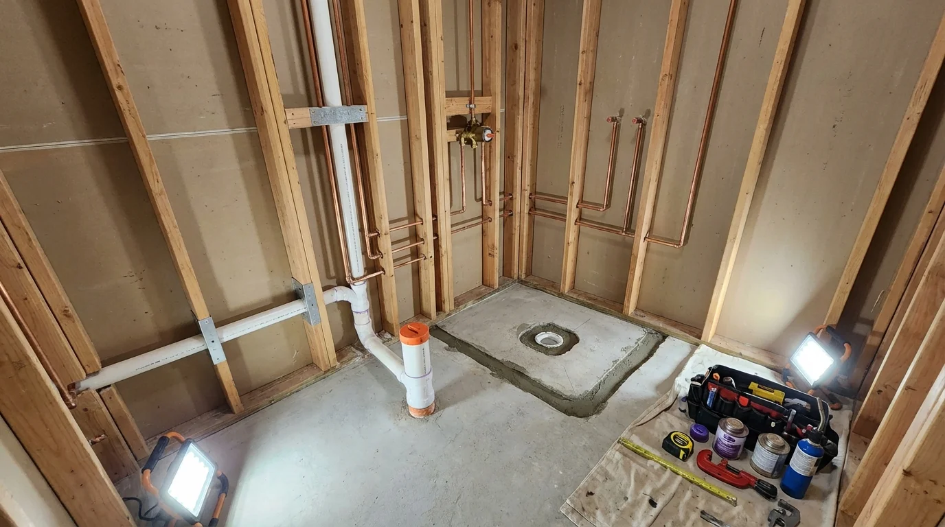 Bathroom rough-in plumbing during remodel by Johns Plumbing LLC in Haworth
