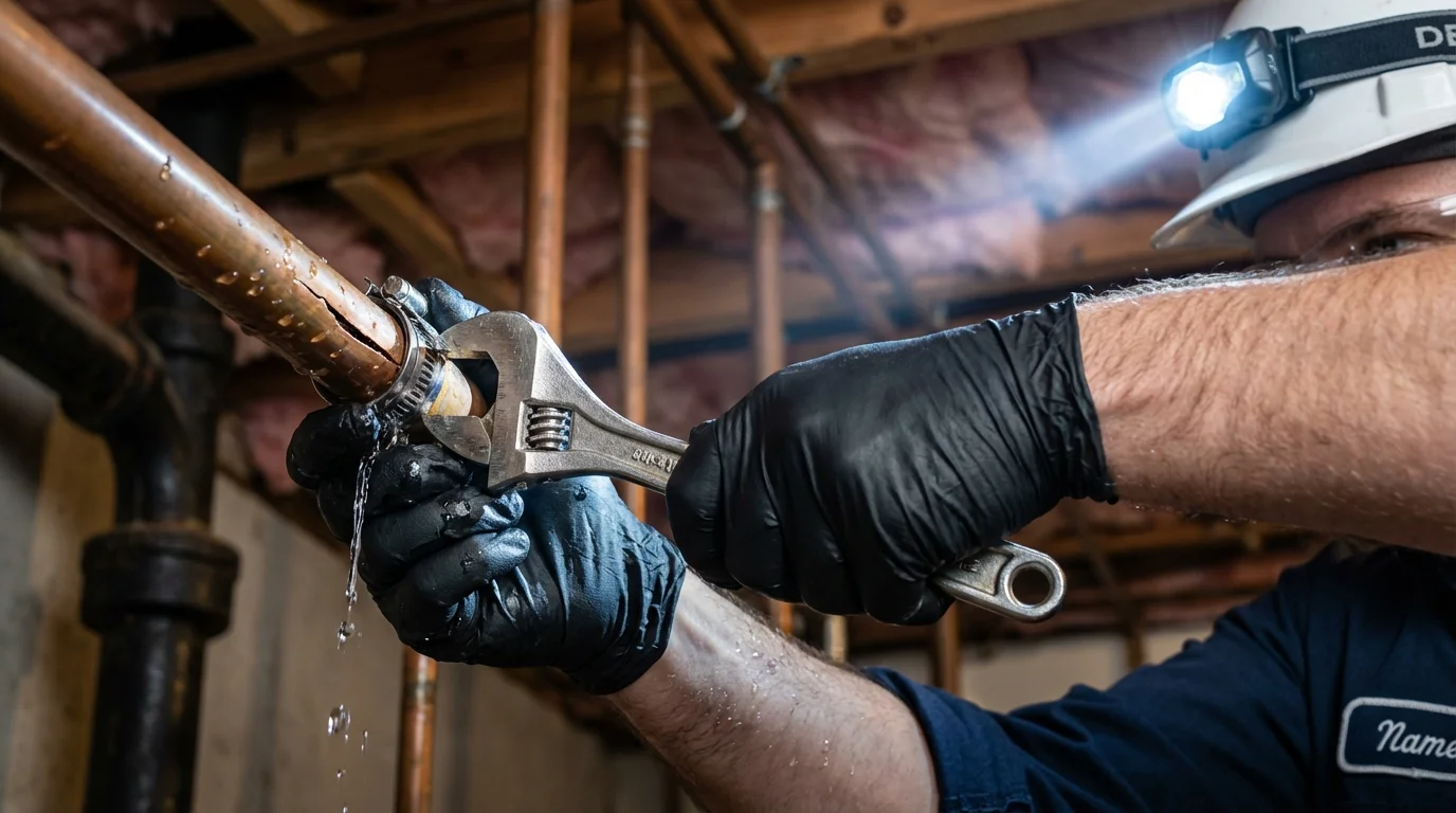 Emergency pipe clamp repair being performed by a Johns Plumbing LLC plumber in Haworth