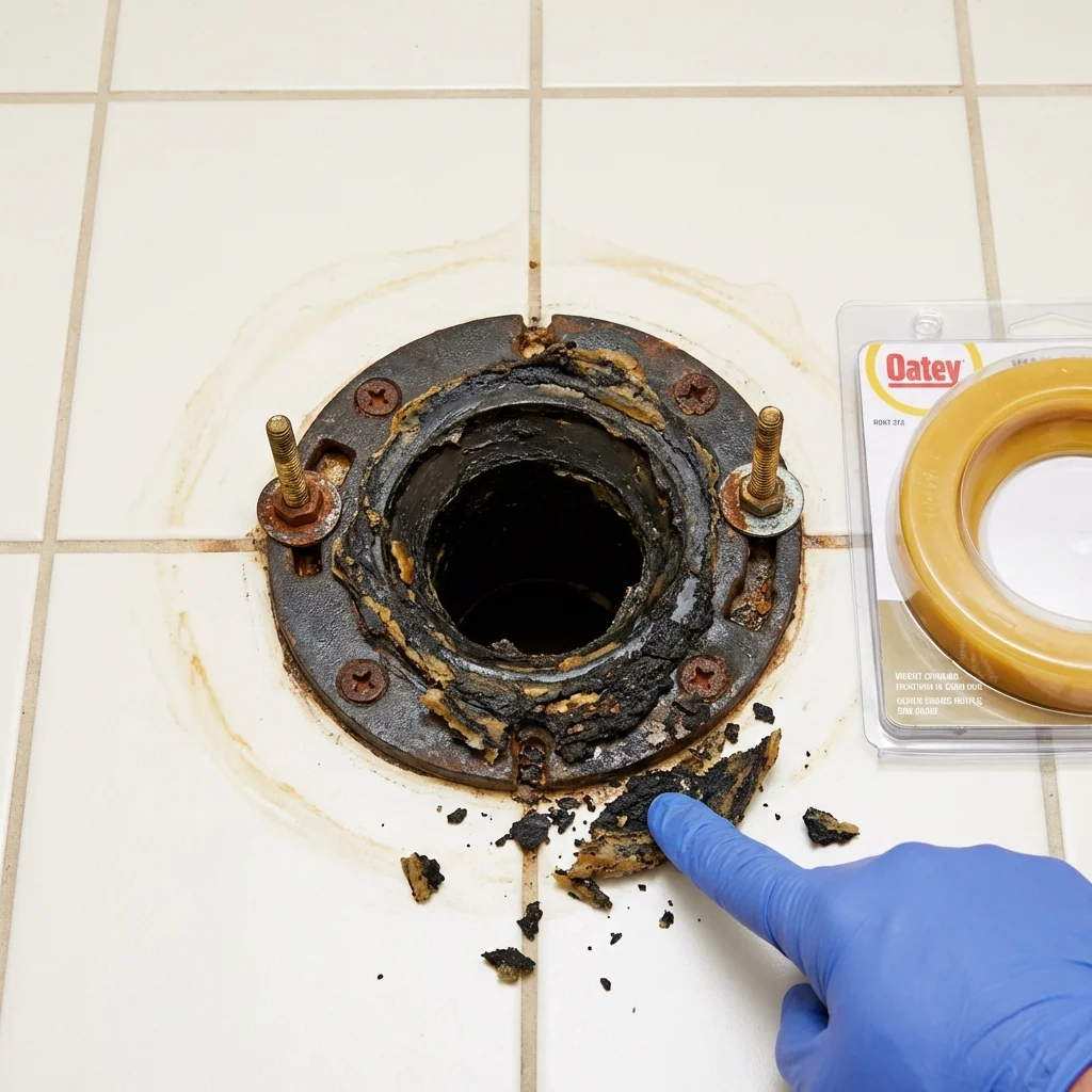 Failed wax ring showing water seepage at the base of a toilet in a Haworth, NJ home