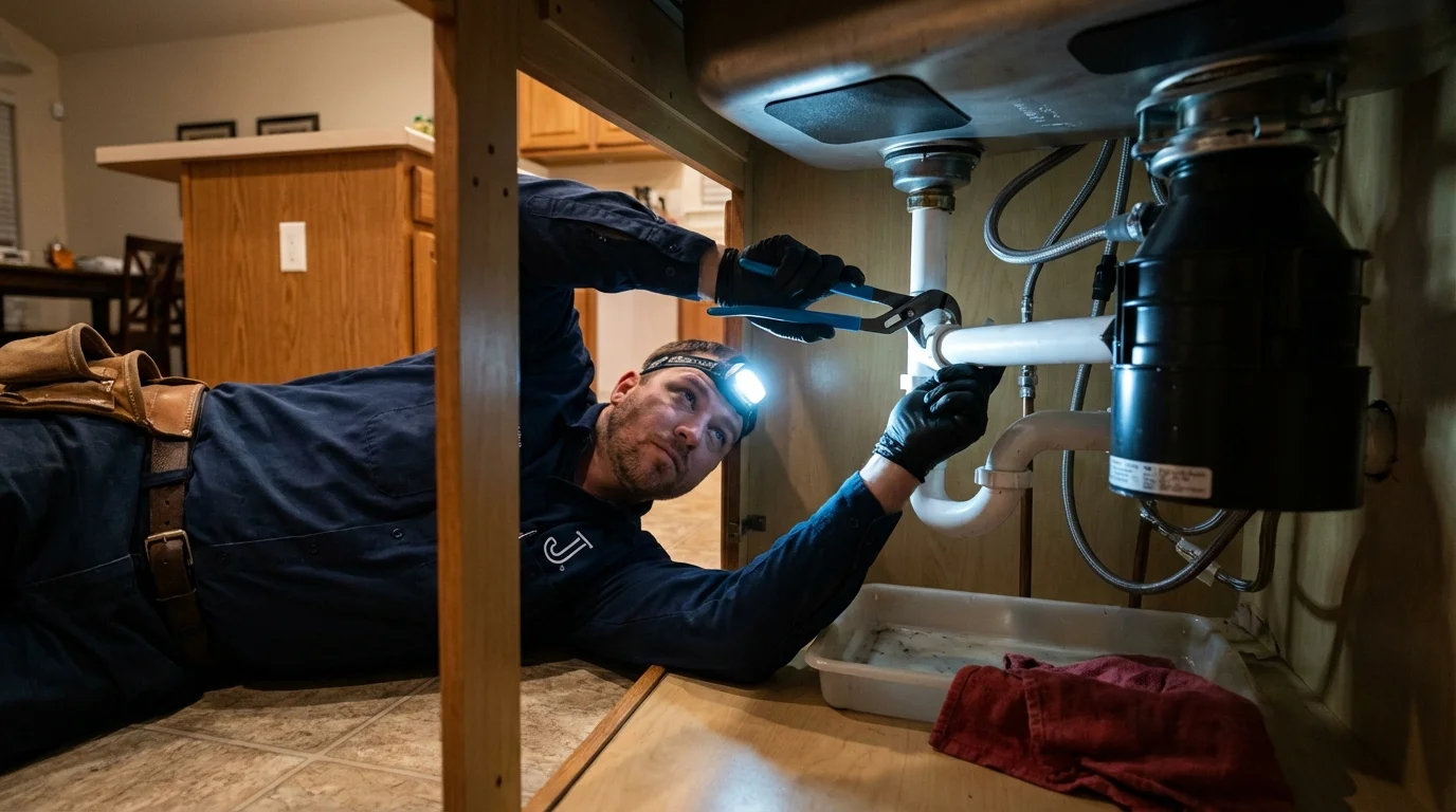 P-trap and supply line connections under a kitchen sink showing a common leak point in Haworth, NJ